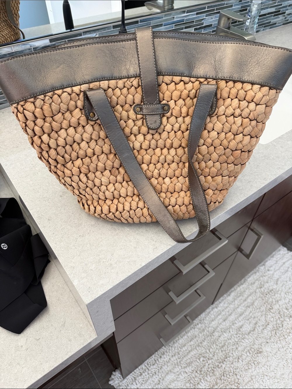 J. Crew Tan Woven Straw Tote with Dark Brown Trim